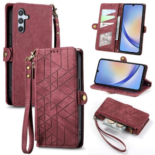 Samsung Galaxy A11 Geometric Zipper Wallet Leather Phone Case (Red) - 1