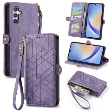 Samsung Galaxy A11 Geometric Zipper Wallet Leather Phone Case (Purple) - 1