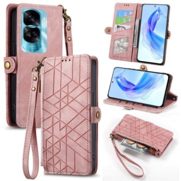 Pink Geometric Zipper Wallet Leather Phone Case - For Honor 90 Lite / X50i - 1