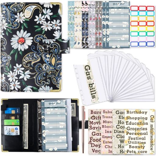 A6 PU Leather Color Printing Notebook Zipper Bag Binder Daisy Black - 1