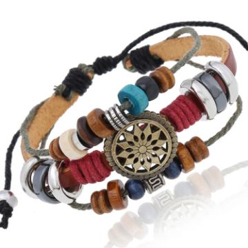 BX016 Retro Leather Beaded Bracelet Set - Light Brown Leather - 1