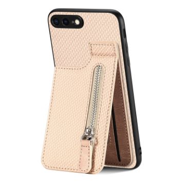 Carbon Fiber Vertical Flip Zipper Phone Case for iPhone SE 2022/2020/7/8 - Khaki - 1