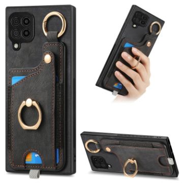Samsung Galaxy M62/F62 Retro Skin-feel Ring Card Bag Phone Case - Black - 1