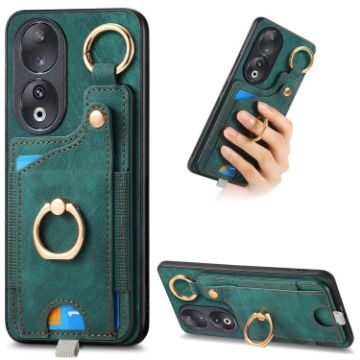 For Honor 90 Retro Skin-feel Ring Card Bag Phone Case (Green) - 1