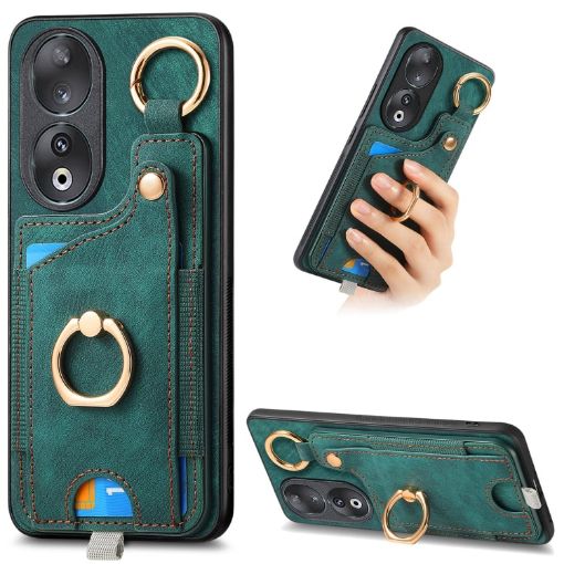 For Honor 90 Retro Skin-feel Ring Card Bag Phone Case (Green) - 1