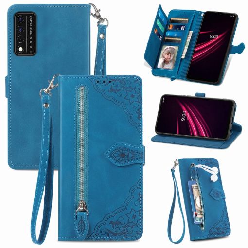 Blue Embossed Flower Leather Phone Case for T-Mobile REVVL V+ 5G - 1