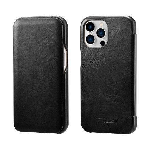 iPhone 13 Pro Max ICARER Cowhide Flip Phone Case - Black - 1