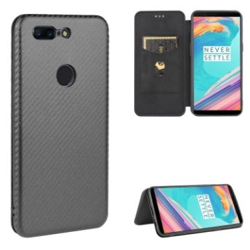 OnePlus 5T Carbon Fiber Texture Flip Case - Black - 1