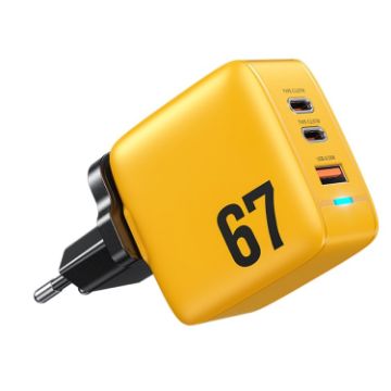WK WP-U141 67W USB+Double USB-C/Type-C GaN Charger EU Plug Yellow - 1