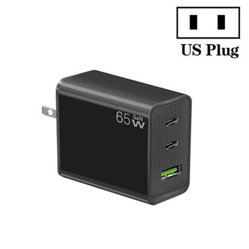 GaN PD65W Type-C x 2 + USB3.0 Laptop Adapter - US Plug (Black) - 1