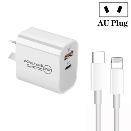 PD30W USB-C/Type-C + QC3.0 USB Dual Port Charger with 1m Type-C to 8 Pin Data Cable - 1