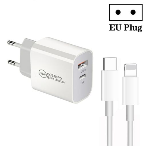 PD30W USB-C/Type-C + QC3.0 USB Dual Port Charger with 1m Type-C to 8 Pin Data Cable - 1
