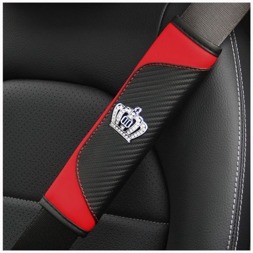 Carbon Fiber Leather Car Seat Belt Cover Shoulder Protection - Crown Red - 1