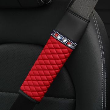 Red Car Leather Seat Belt Cover Shoulder Pads with Bling Diamonds - 1