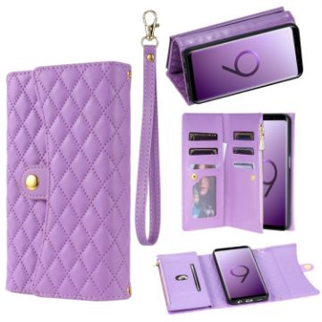 Samsung Galaxy S9 Zipper Multi-Card Wallet Rhombic Leather Phone Case Purple - 1