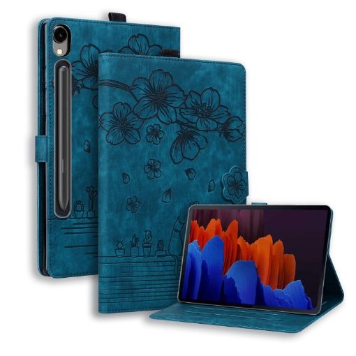 Samsung Galaxy Tab S9 FE Cartoon Sakura Cat Embossed Leather Tablet Case Blue - 1