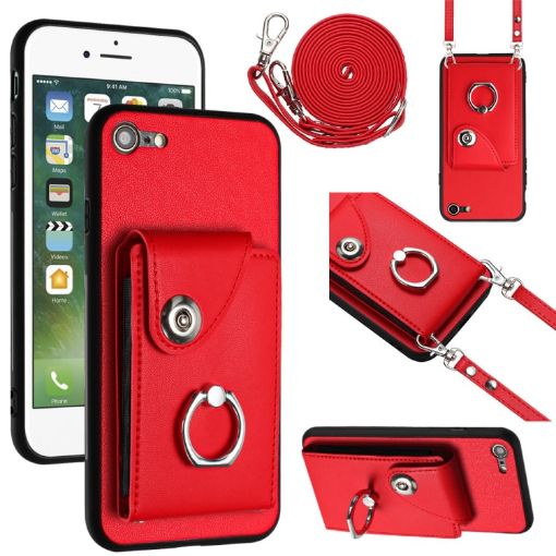iPhone SE 2022/2020/8/7 Red Card Bag Ring Holder Case with Lanyard - 1