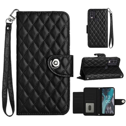 Nokia C22 Rhombic Texture Flip Leather Phone Case - Black - 1