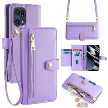 OPPO Find X5 Pro Purple Leather Phone Case - Cross-body Zipper Wallet - 1