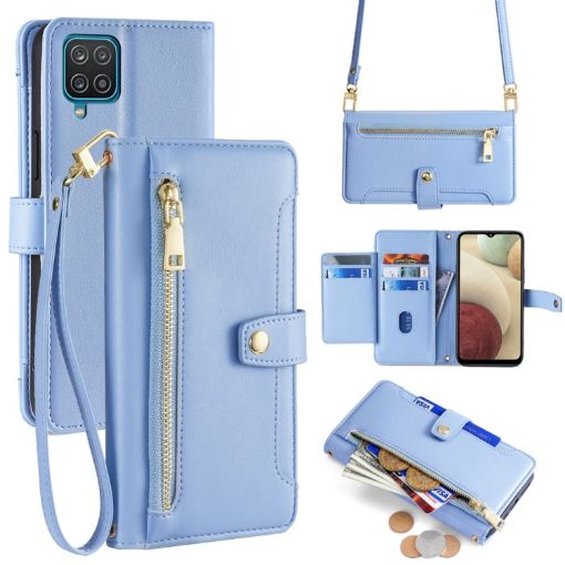 Samsung Galaxy A12 Sheep Texture Cross-body Zipper Wallet Leather Phone Case Blue - 1