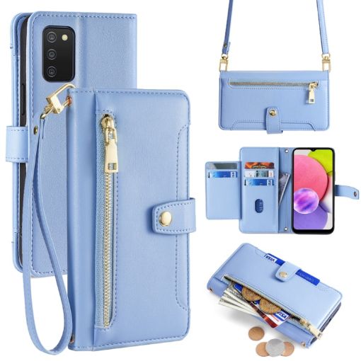Samsung Galaxy A03s Sheep Texture Cross-body Zipper Wallet Leather Phone Case Blue - 1