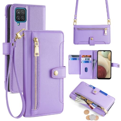 Samsung Galaxy A12 Sheep Texture Cross-body Zipper Wallet Leather Phone Case - 1