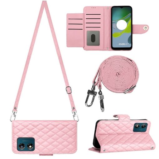 Motorola Moto E13 Rhombic Texture Flip Leather Phone Case - Pink - 1