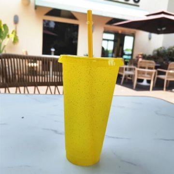 Large Summer Glitter Water Cup Plastic Ice Cold Drink Bottle with Straw Yellow - 1