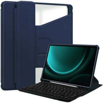 Samsung Galaxy Tab S9 FE+ Leather Case with Keyboard - Dark Blue - 1
