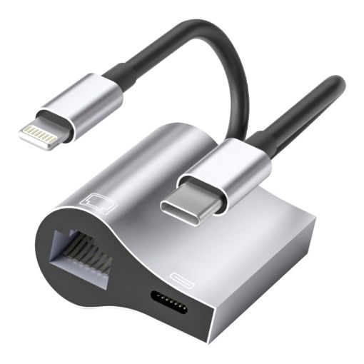 NK-1054Pro 2 in 1 8 Pin + USB-C Male to 8 Pin Charging + Ethernet Adapter - 1