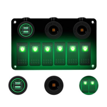 6 Way Switch Panel + Dual USB Charger for Car RV Boat - Green Light - 1