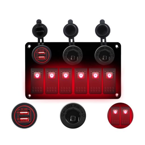 6 Way Switch Panel + Dual USB Charger for Car RV Boat - Red Light - 1