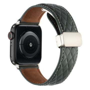 Picture of For Apple Watch Series 7 41mm Rhombus Pattern Magnetic Folding Buckle Leather Watch Band (Dark Green)