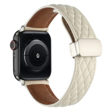 Picture of For Apple Watch Series 3 42mm Rhombus Pattern Magnetic Folding Buckle Leather Watch Band (Creamy White)