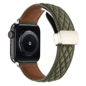 Picture of For Apple Watch Series 2 42mm Rhombus Pattern Magnetic Folding Buckle Leather Watch Band (Army Green)