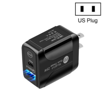 Picture of PD25W USB-C/Type-C + QC3.0 USB Dual Ports Fast Charger, US Plug (Black)