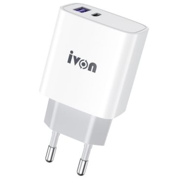 IVON AD52 18W USB-C/Type-C + USB Dual Port PD Fast Charge EU Plug - 1