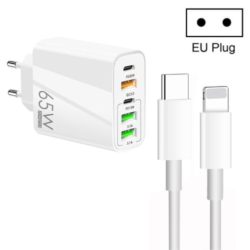 65W Dual PD Type-C + 3 x USB Multi Port Charger EU Plug White - 1