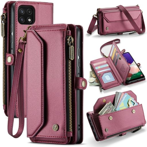 Samsung Galaxy A22 5G Wallet Case RFID Anti-theft Leather (Wine Red) - 1