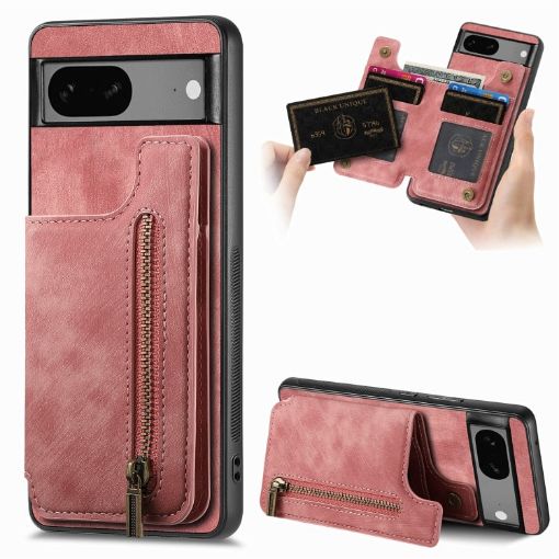 Google Pixel 6 Retro Leather Zipper Wallet Back Phone Case - Pink - 1