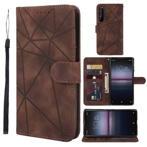 Sony Xperia 1 II Brown Leather Phone Case - Geometric Lines - 1