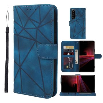 Sony Xperia 1 III Blue Leather Phone Case - Geometric Lines - 1