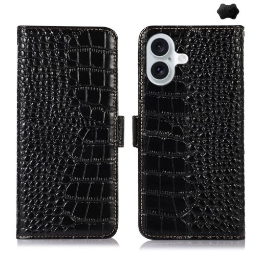 iPhone 16 Crocodile Top Layer Cowhide Leather Phone Case - Black - 1
