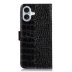 iPhone 16 Plus Crocodile Top Layer Cowhide Leather Phone Case - Black - 4