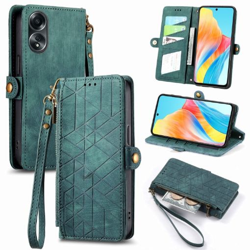 OPPO A58 4G Green Leather Phone Case - Geometric Zipper Wallet - 1