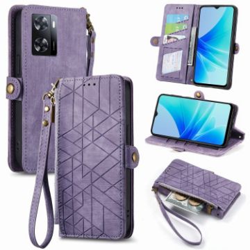 OPPO A57 4G Purple Leather Phone Case - Geometric Zipper Wallet - 1