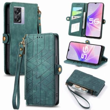 OPPO A57 5G Green Leather Phone Case - Geometric Zipper Wallet - 1