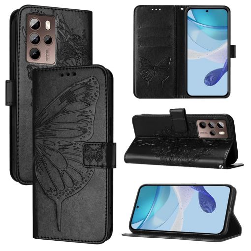 HTC U24 Pro Embossed Butterfly Leather Phone Case - Black - 1