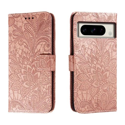 Google Pixel 8 Pro Lace Flower Embossing Flip Leather Phone Case - Rose Gold - 1