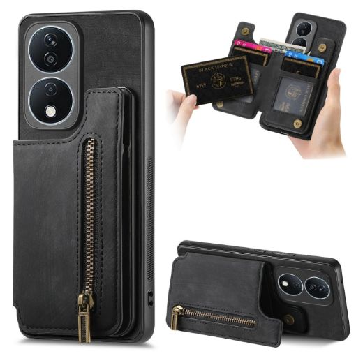 For Honor X7b Retro Leather Zipper Wallet Back Phone Case - Black - 1